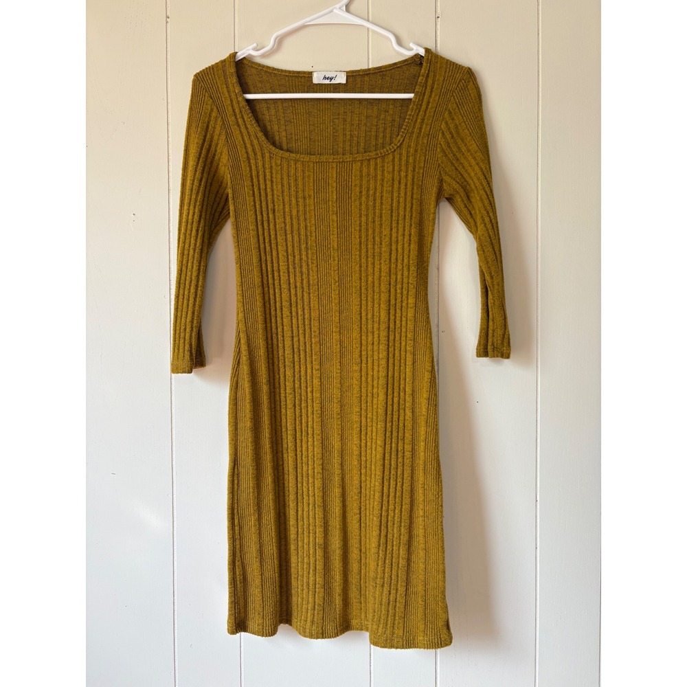 Hey! Ribbed Mini Dress Women's Medium Mustard Yellow Excellent Square Neck